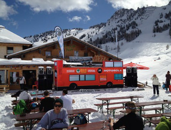 Replica ‘Good Times Sound System London Bus’ at the Snowbombing Festival in Mayrhofen Austria